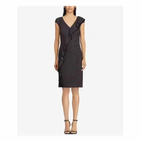 NWT Womens Size 0 10 Lauren Ralph Lauren LRL Gray Black Ruffle-Trim Jersey Dress - Picture 1 of 3